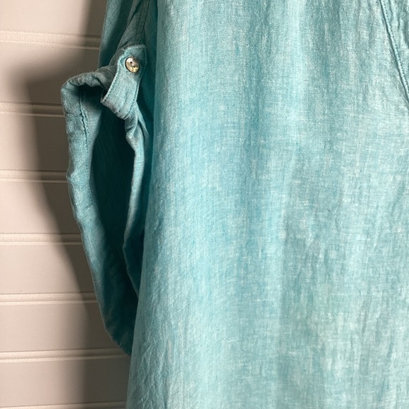 Isaac Mizrahi Womens 100% Linen Blue Boxy V Neck Cuffed Cap Sleeve Top Size 2X - Picture 6 of 9